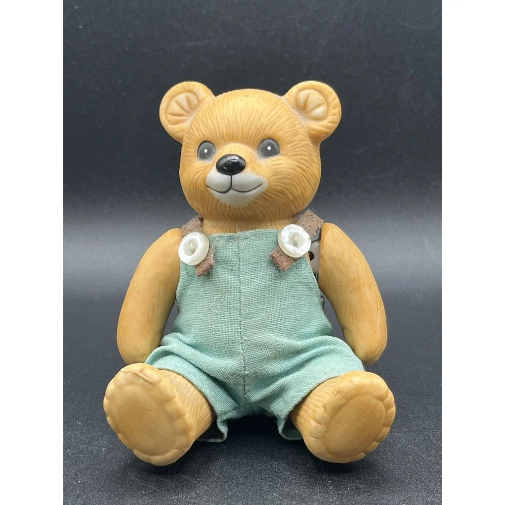 Homco Porcelain Jointed Teddy Bear Boy w/ Fabric Overalls - Taiwan Vtg 3.5